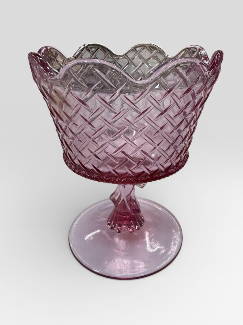 Fenton Pink Basket Weave Ribbon Bow Pedestal Compote Dish Original Sticker NEW - Picture 2 of 8
